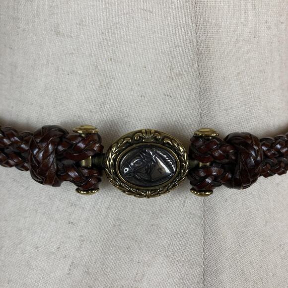 Vintage Horse Head Belt Medium Brown Leather Western Braided Cowgirl 90s Concho - Picture 6 of 10